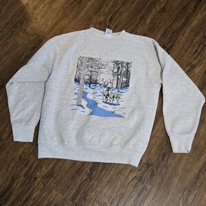 L Vintage Salem Sportswear Sweater Light Grey And Blue Nature Scene Deer Creek
